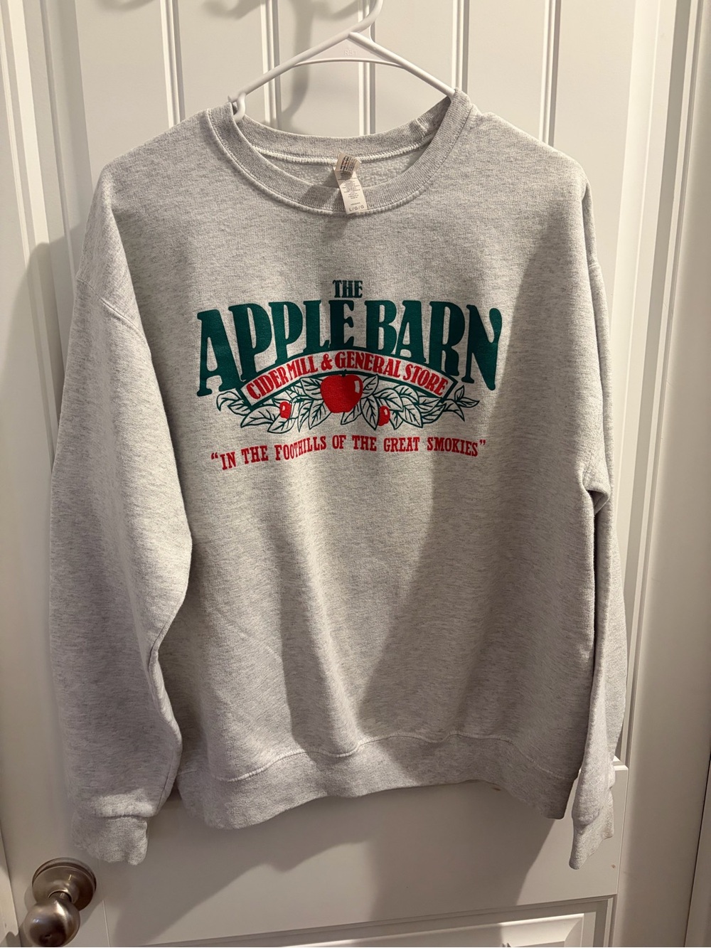 Jerzees Gray Crewneck Sweatshirt with Green and Red Apple Barn Graphic